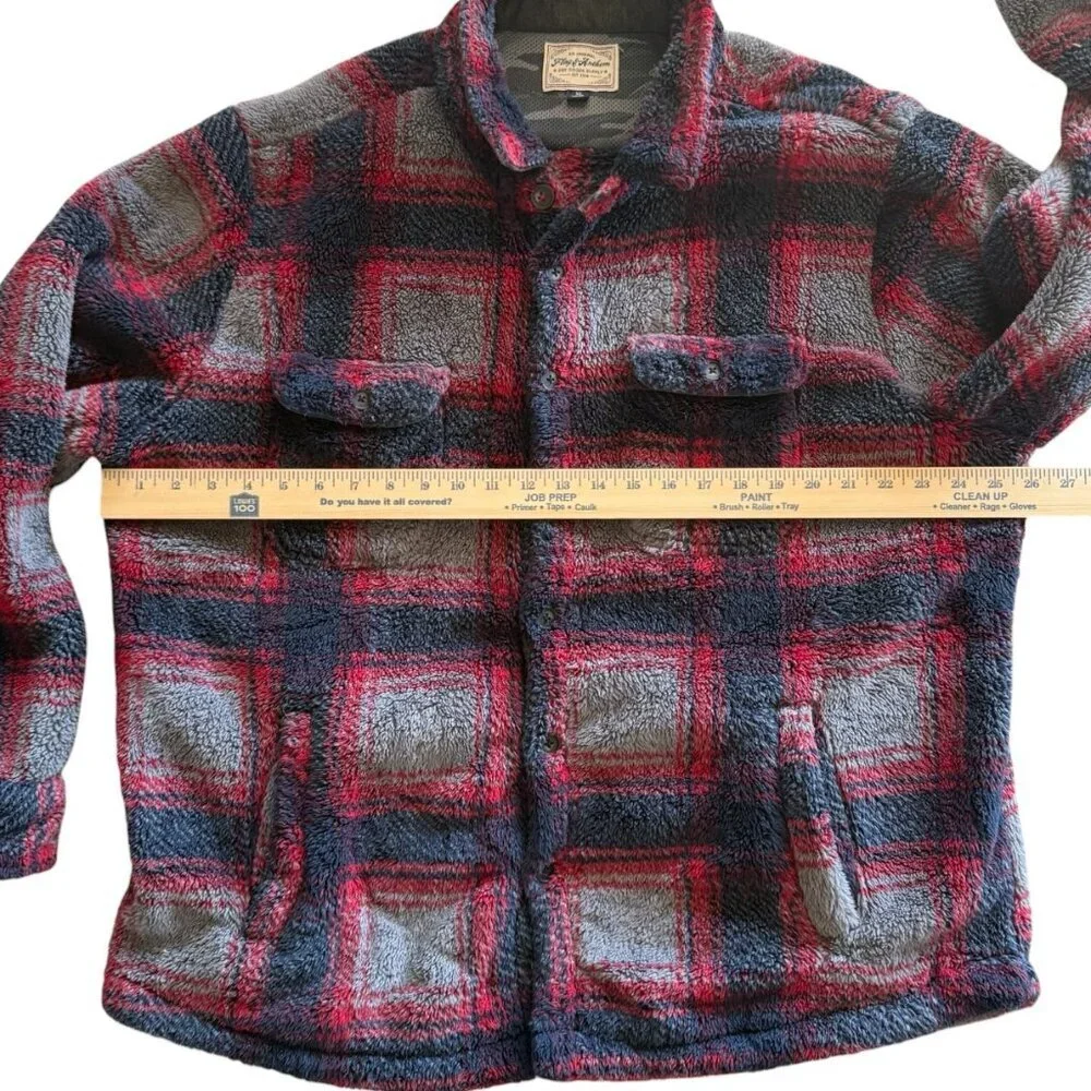 Flag & Anthem Men's XL Red/Navy/Gray Fleece Plaid Button Heavy Flannel Jacket